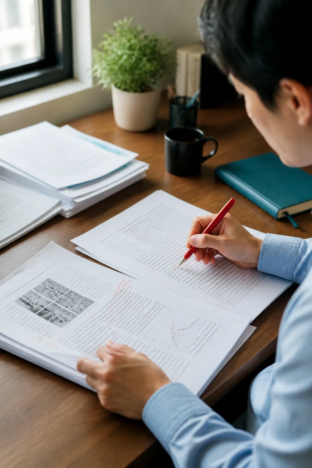 Expert reviewing a research manuscript with annotated notes